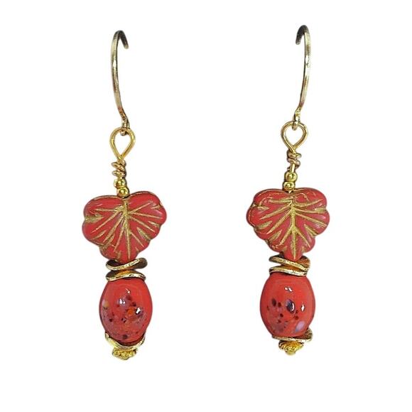 Czech Glass Earrings Artisan Made Leaf Murano Glass Beaded Red Orange Dangle NEW - Picture 4 of 10